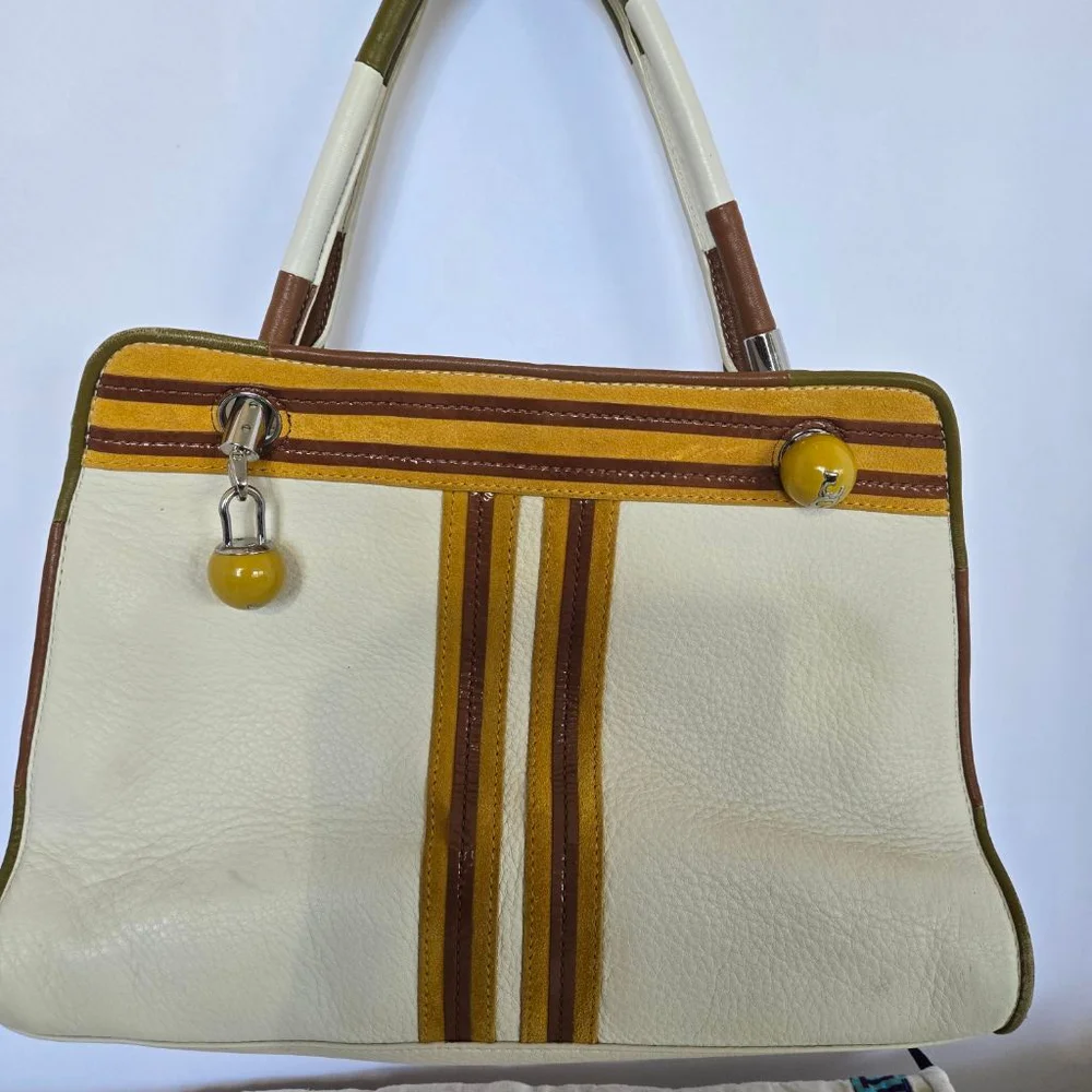 Vtg Tory Burch Limited Edition Contrast-T Striped Pebbled Leather Satchel
